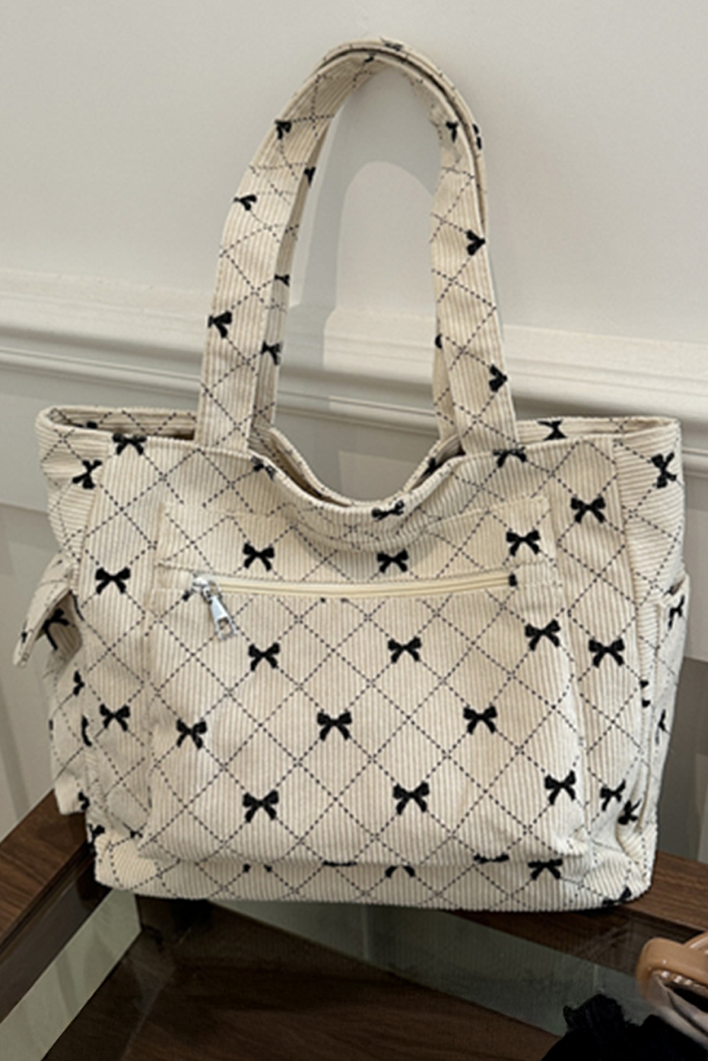White Bow Knot Plaid Print Large Tote Bag - loveforevers