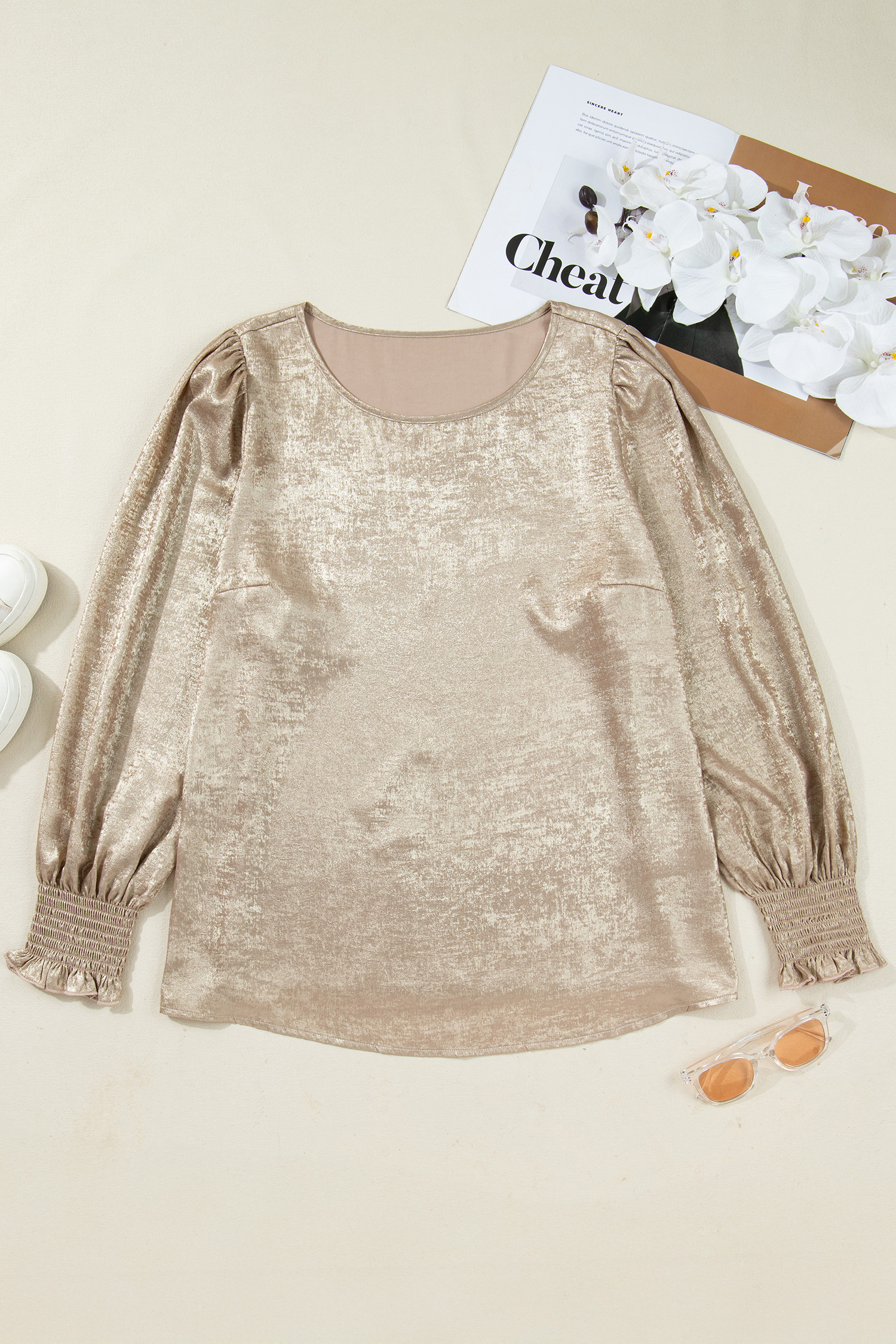 Apricot Metallic Round Neck Smocked Long Sleeve Blouse - loveforevers