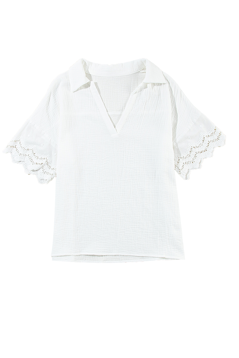 White Crinkled Lace Splicing Sleeve Collared V Neck Blouse - loveforevers