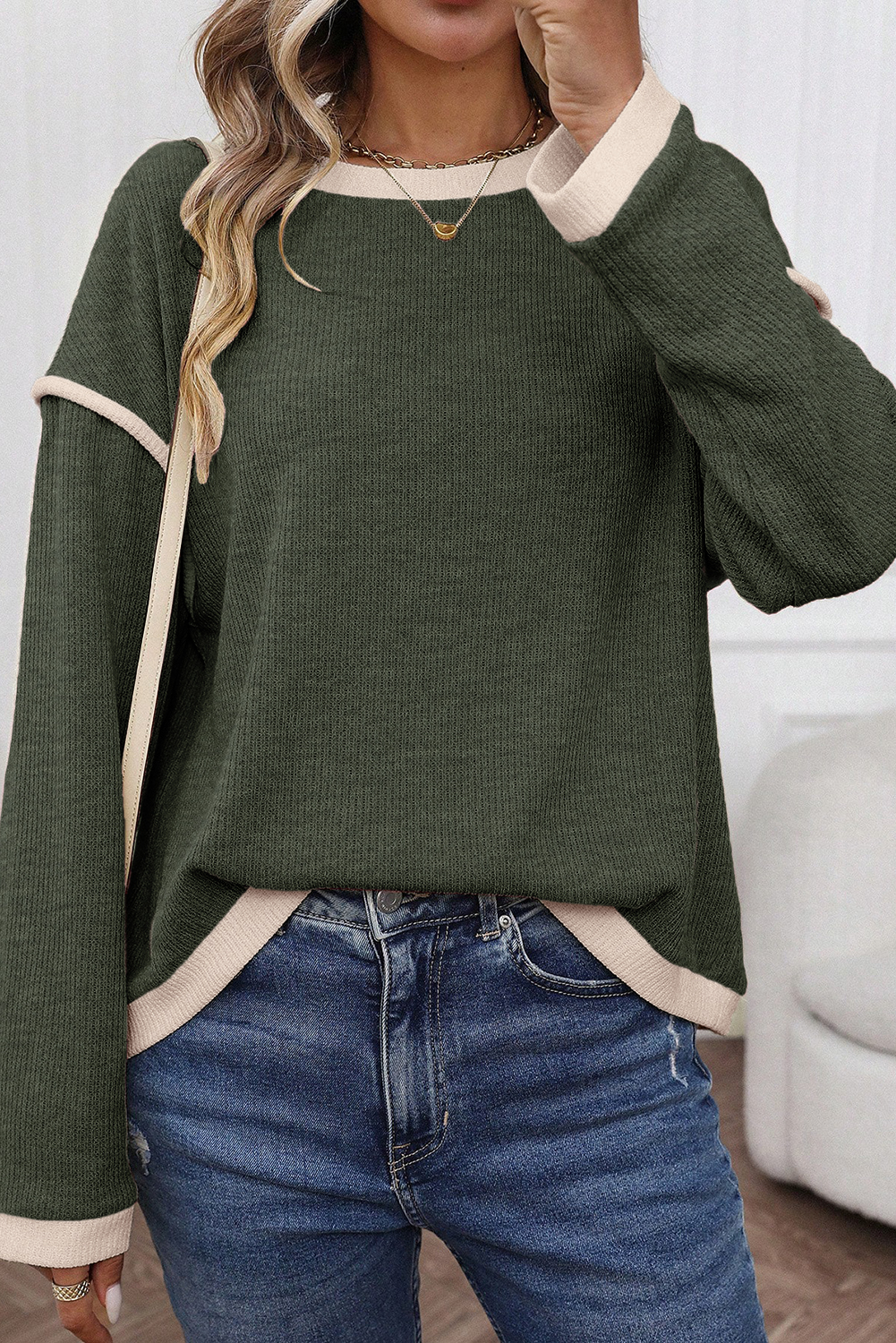 Four Leaf Clover Contrast Color Trim Knit Drop Shoulder Loose Top - loveforevers