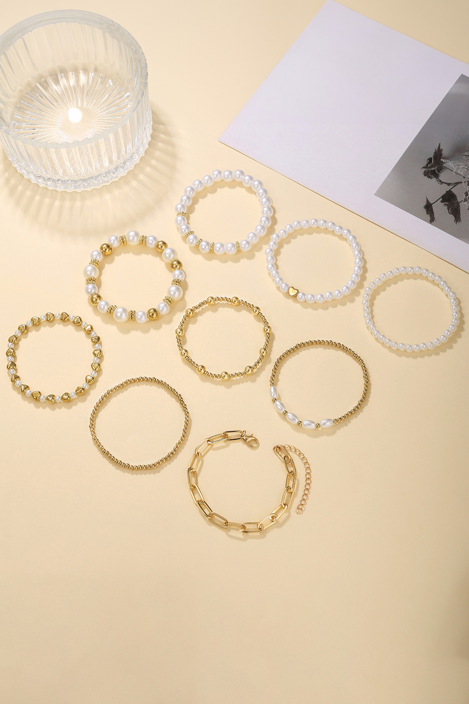 Gold 9-Piece Mixed Faux Pearl Bead Stretch Bracelet Set - loveforevers