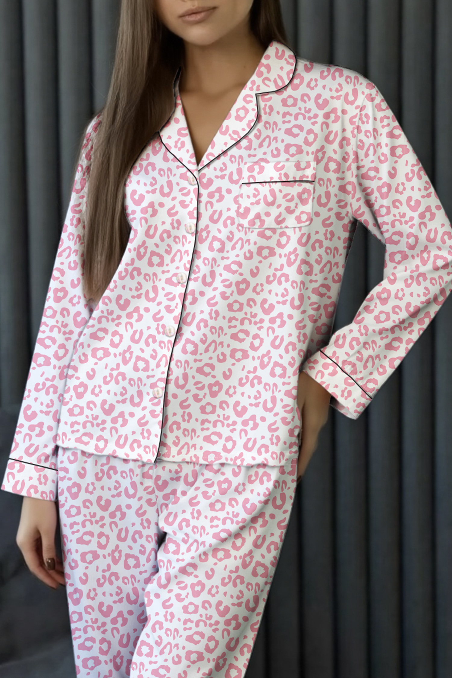 Pink Leopard Print 2cps Long Pajama Set - loveforevers