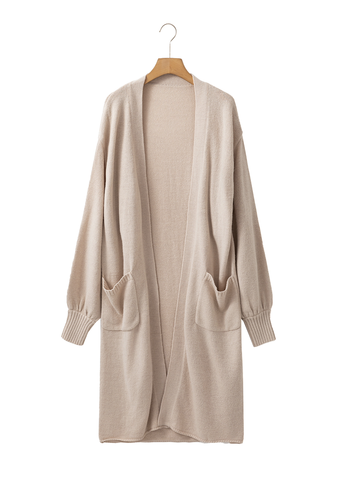 Beige Side Pockets Open Front Long Knitted Cardigan - loveforevers