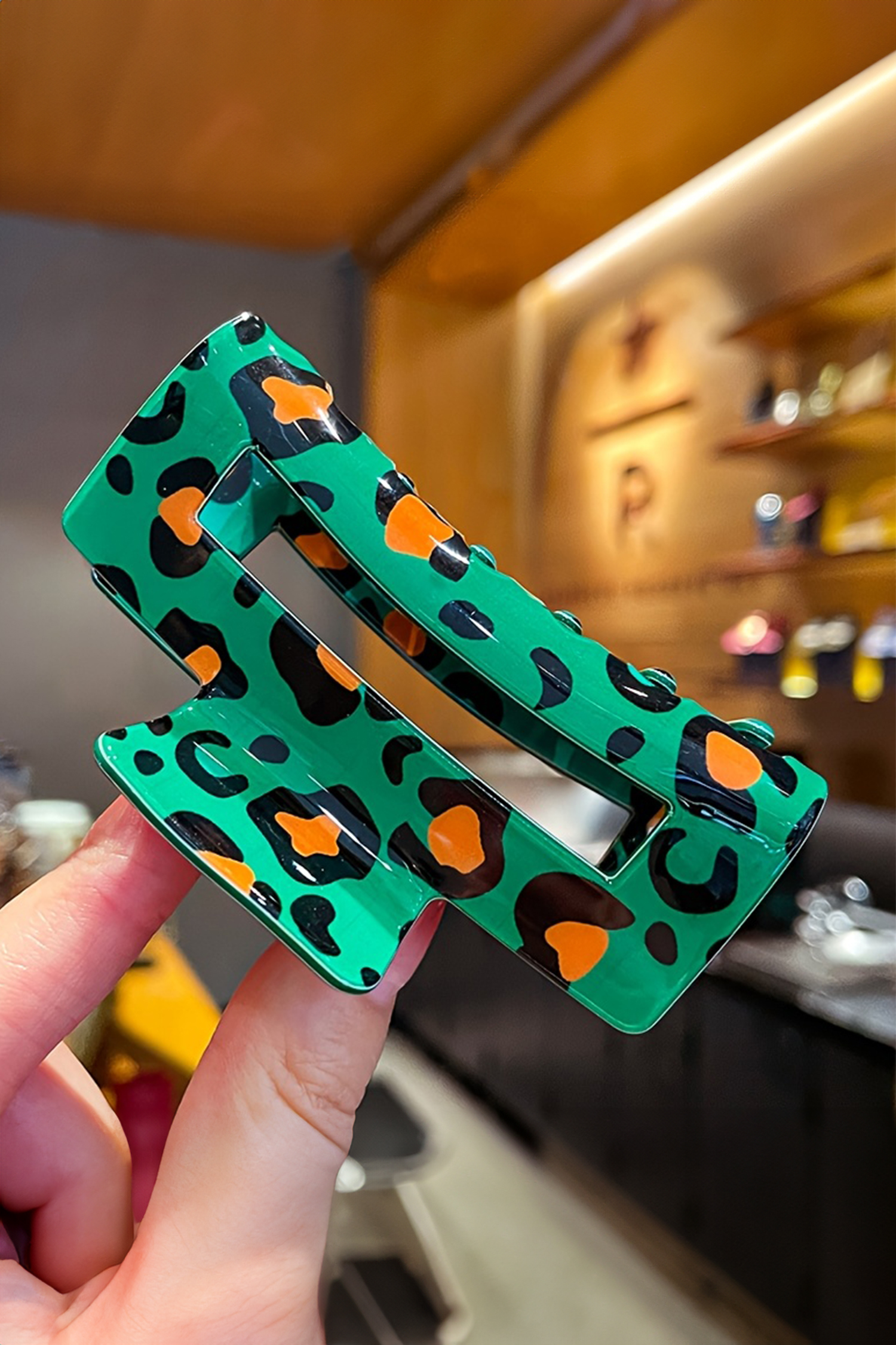 Dark Green Leopard Print Square Hollowed Plastic Hair Claw Clip - loveforevers
