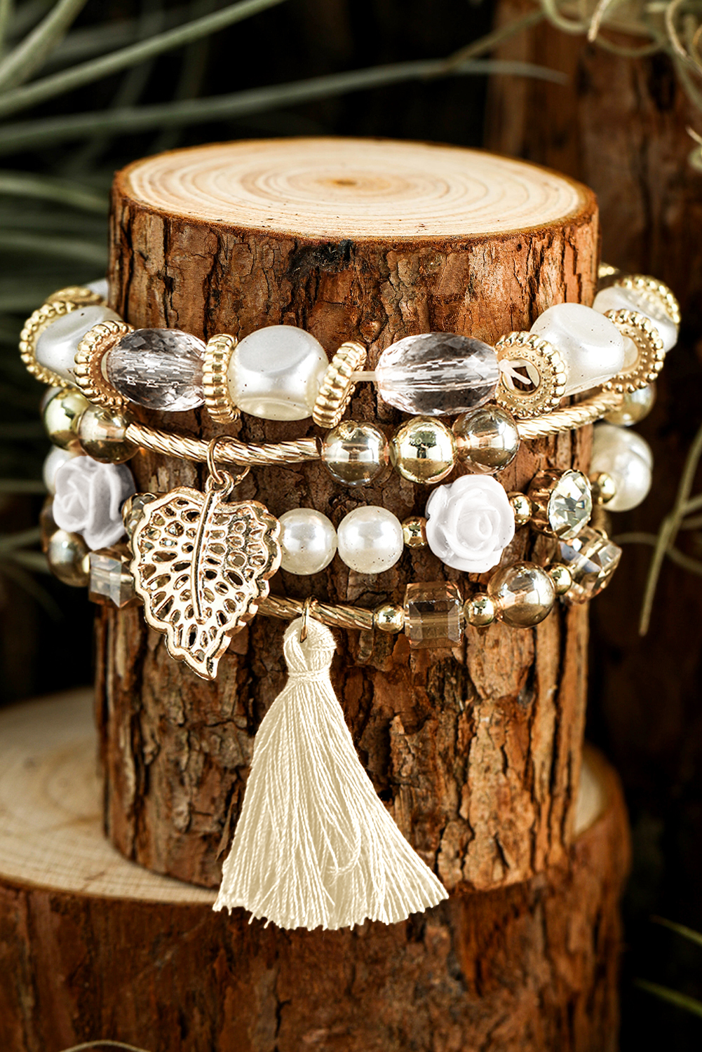 White Bohemian Rhinestone Beaded Fringed Layered Bracelet - loveforevers