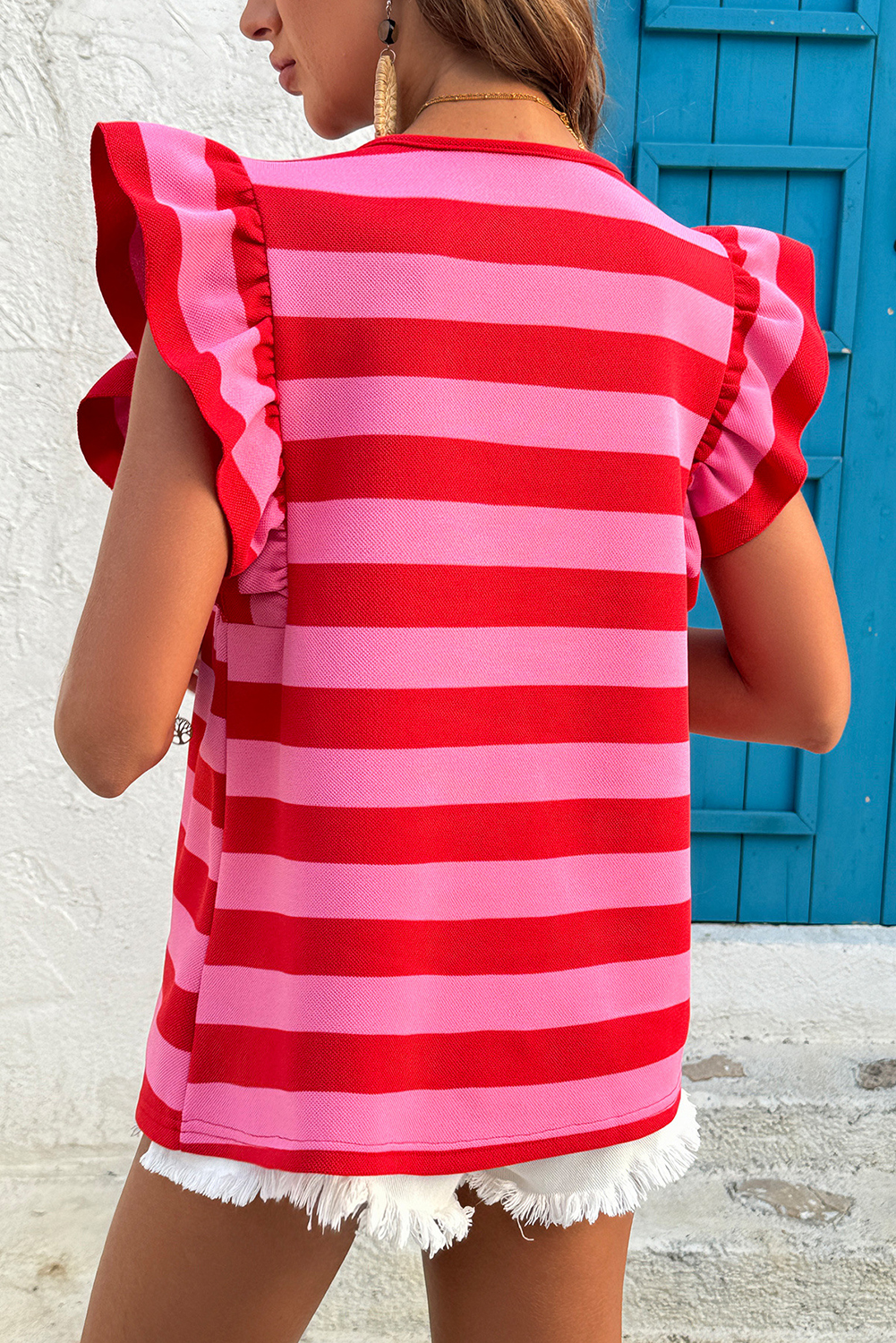 Green Stripe Flutter Sleeve Round Neck Shift Dress - loveforevers
