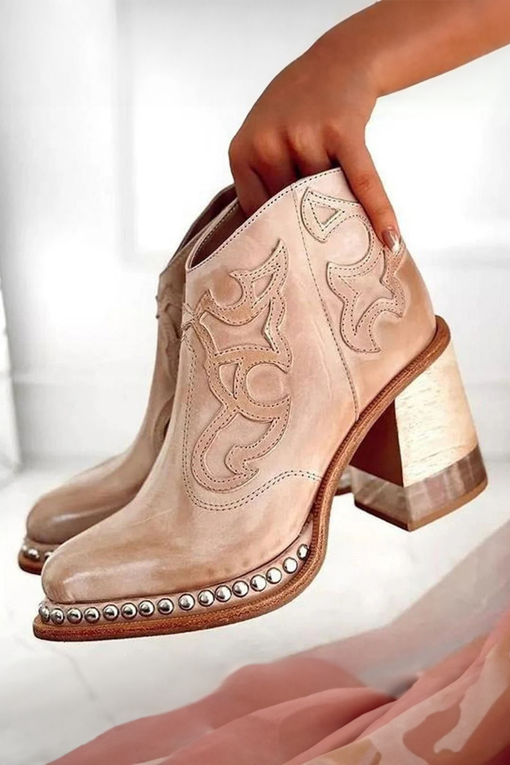 Light French Beige Western Embroidered PU Leather Studded Detail High Heel Ankle Boots - loveforevers