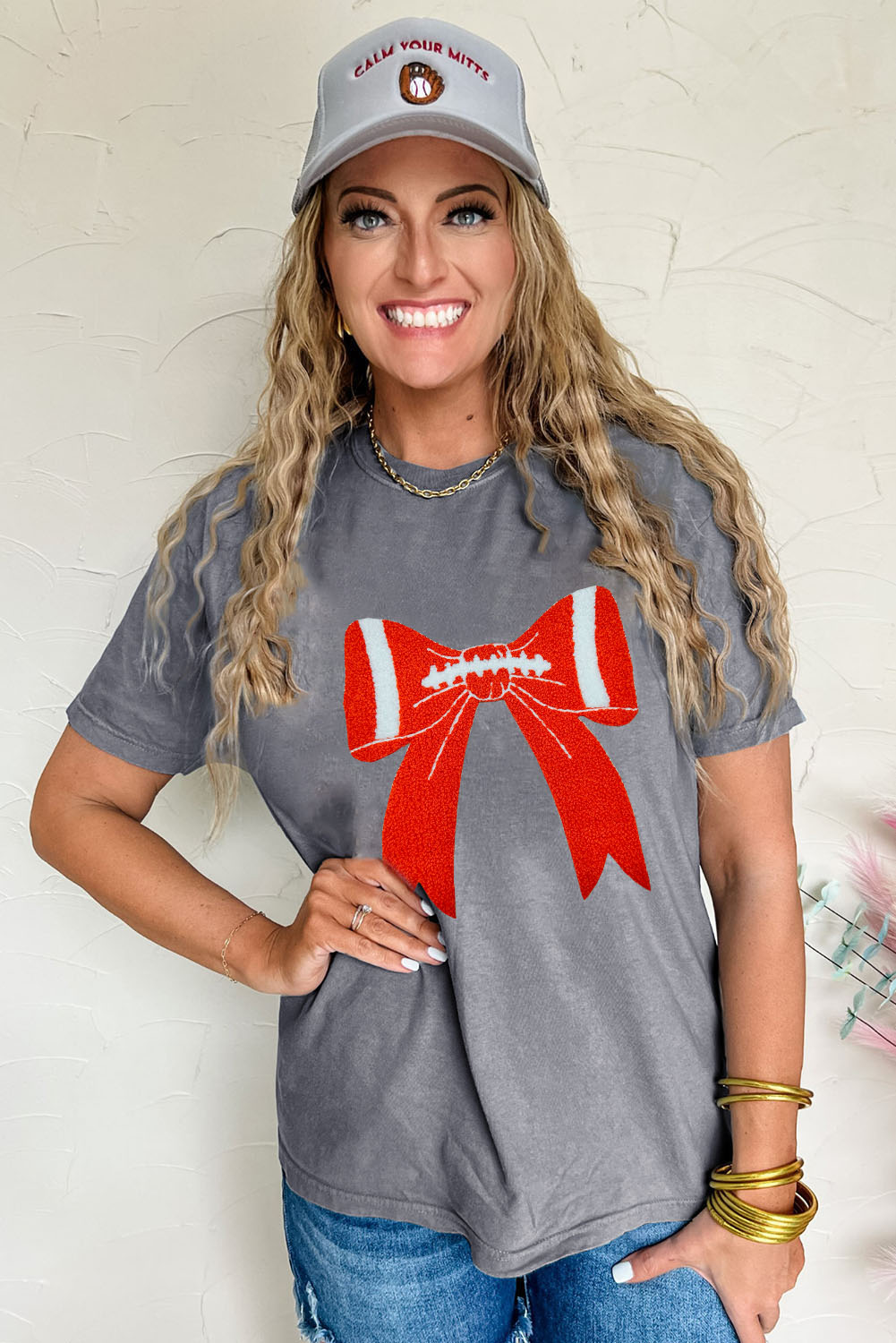 Gray Contrast Bowknot Game Day Graphic Tee - loveforevers