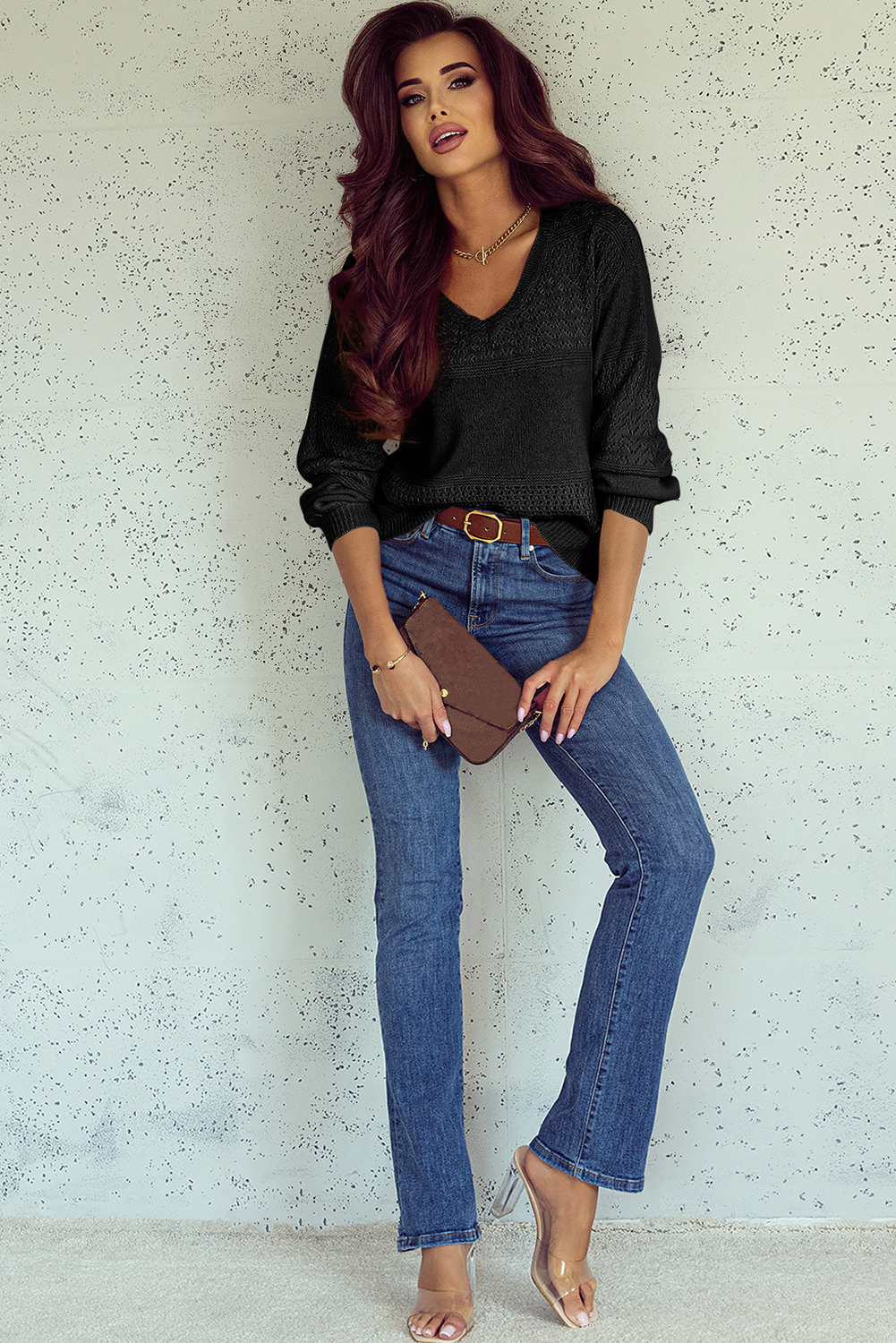 Sky Blue Eyelet Pattern Detail V Neck Drop Shoulder Sweater - loveforevers