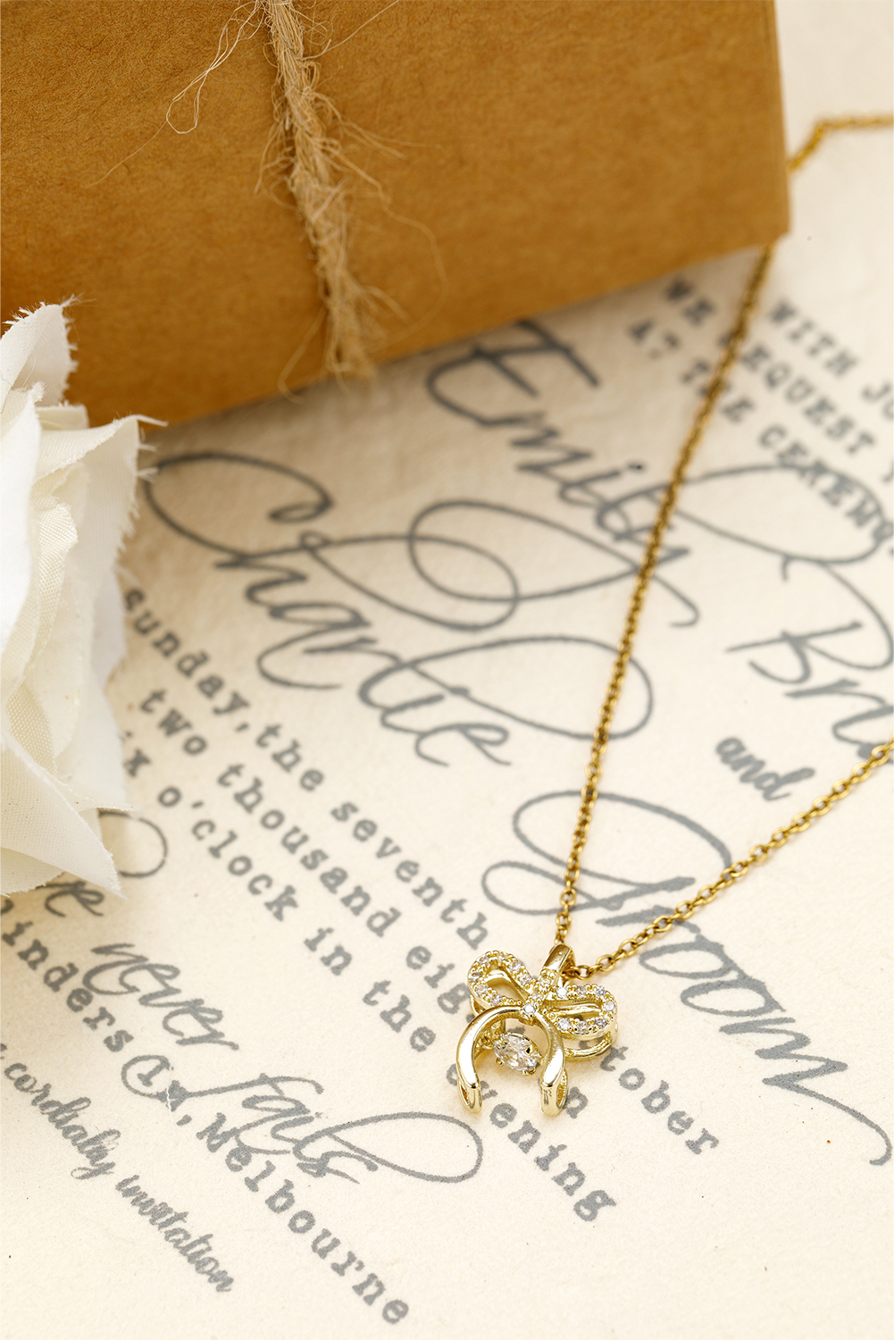 Gold Rhinestone Bow Knot Pendant Plated Alloy Necklace - loveforevers