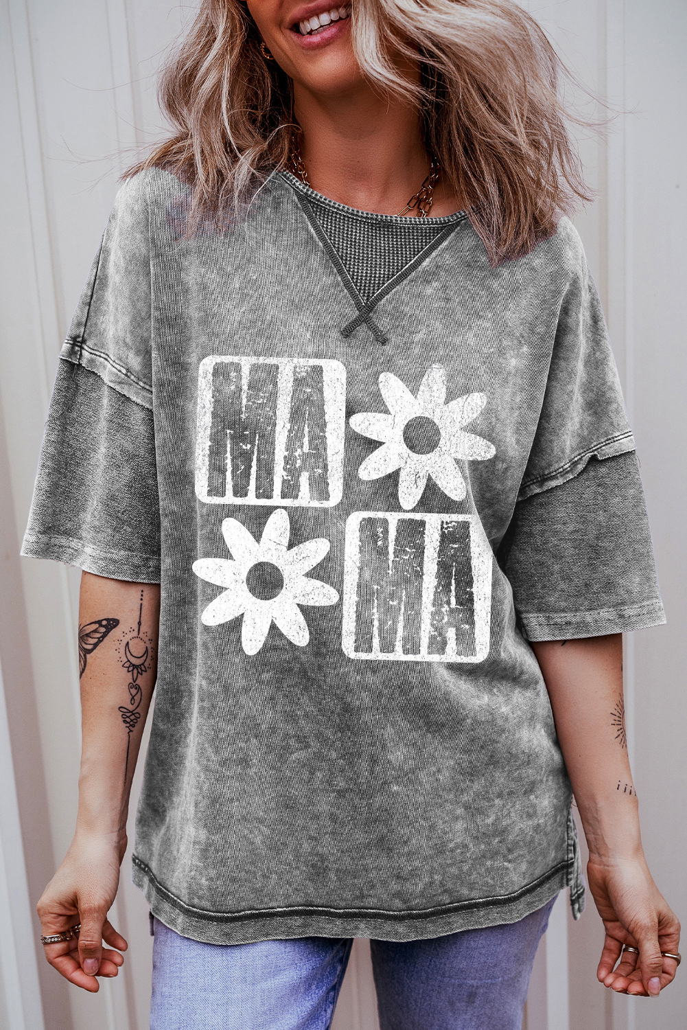 Philippine Gray MAMA Daisy Flower Graphic Mineral Wash Drop Shoulder Vintage Tee - loveforevers