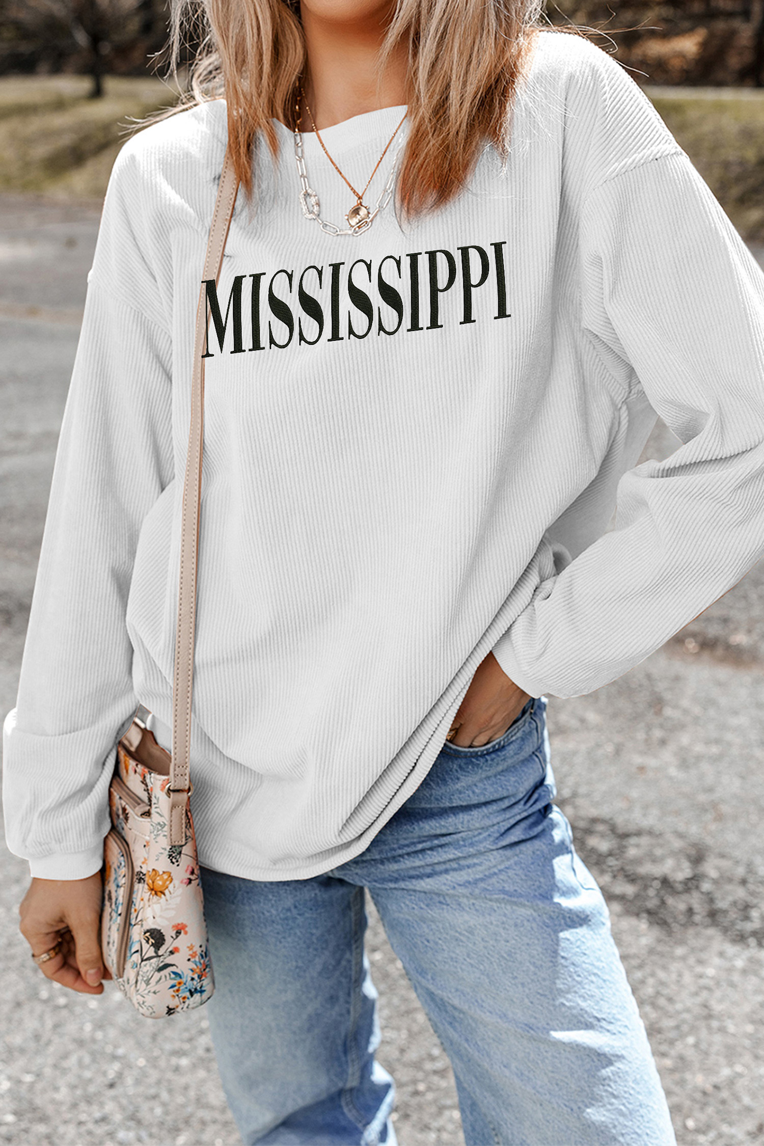 White Raised Rib MISSISSIPPI Baggy Sweatshirt - loveforevers