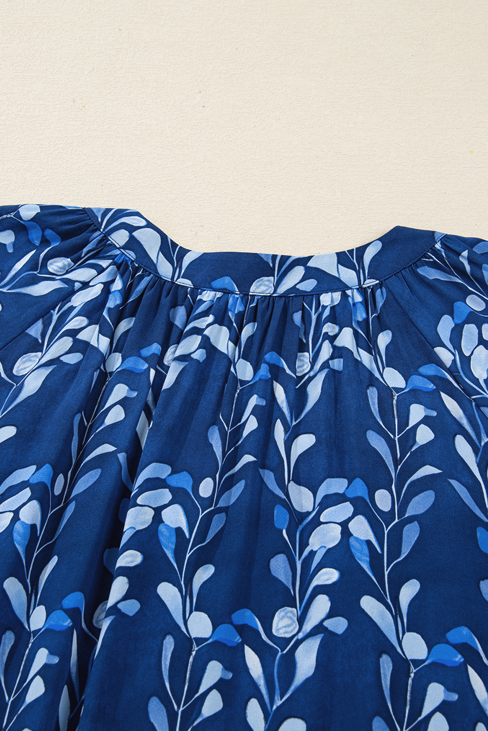 Blue Botanical Print Bracelet Sleeve Notched Neck Blouse - loveforevers