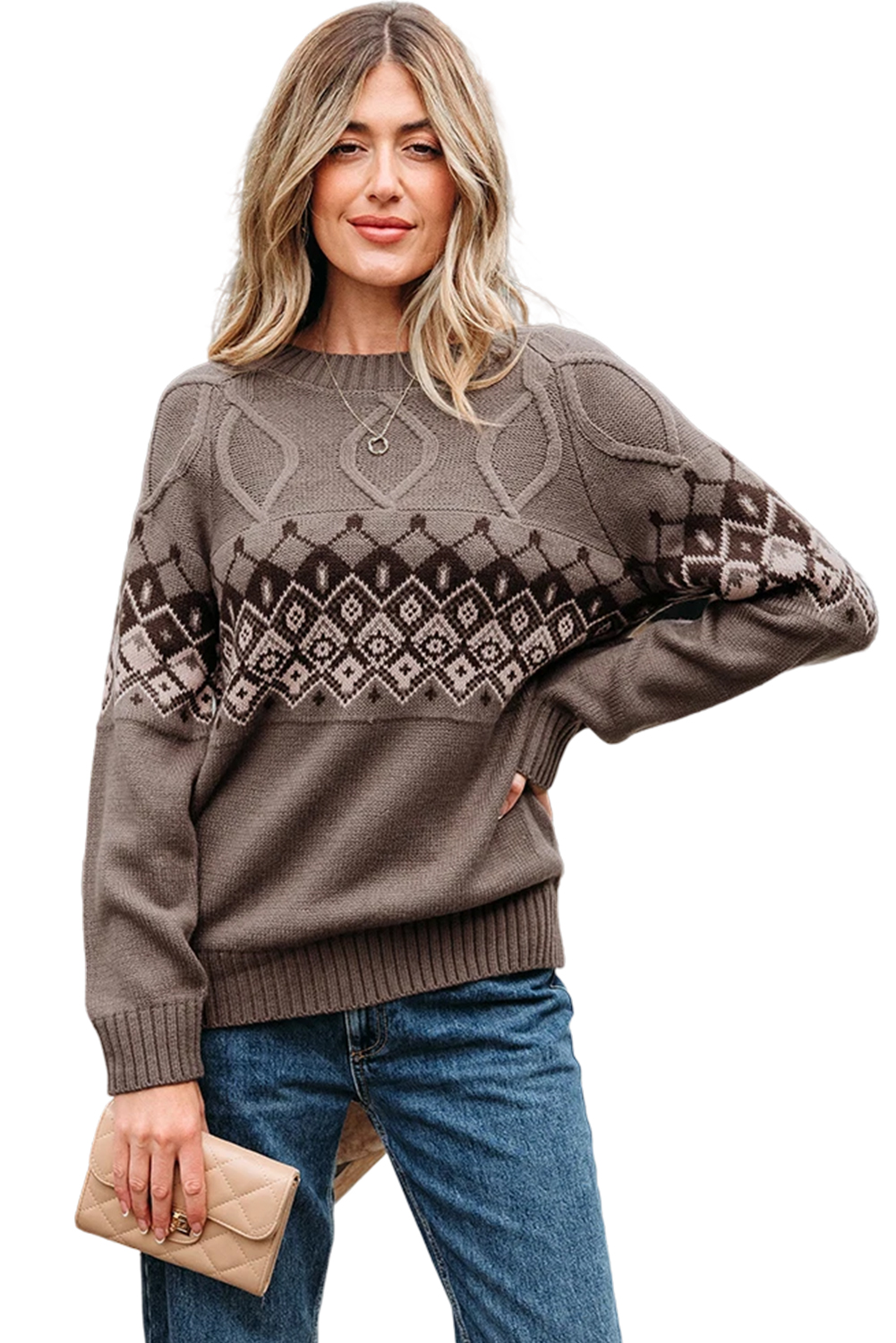 Light French Beige Western Geometric Patterned Crew Neck Knitted Sweater - loveforevers