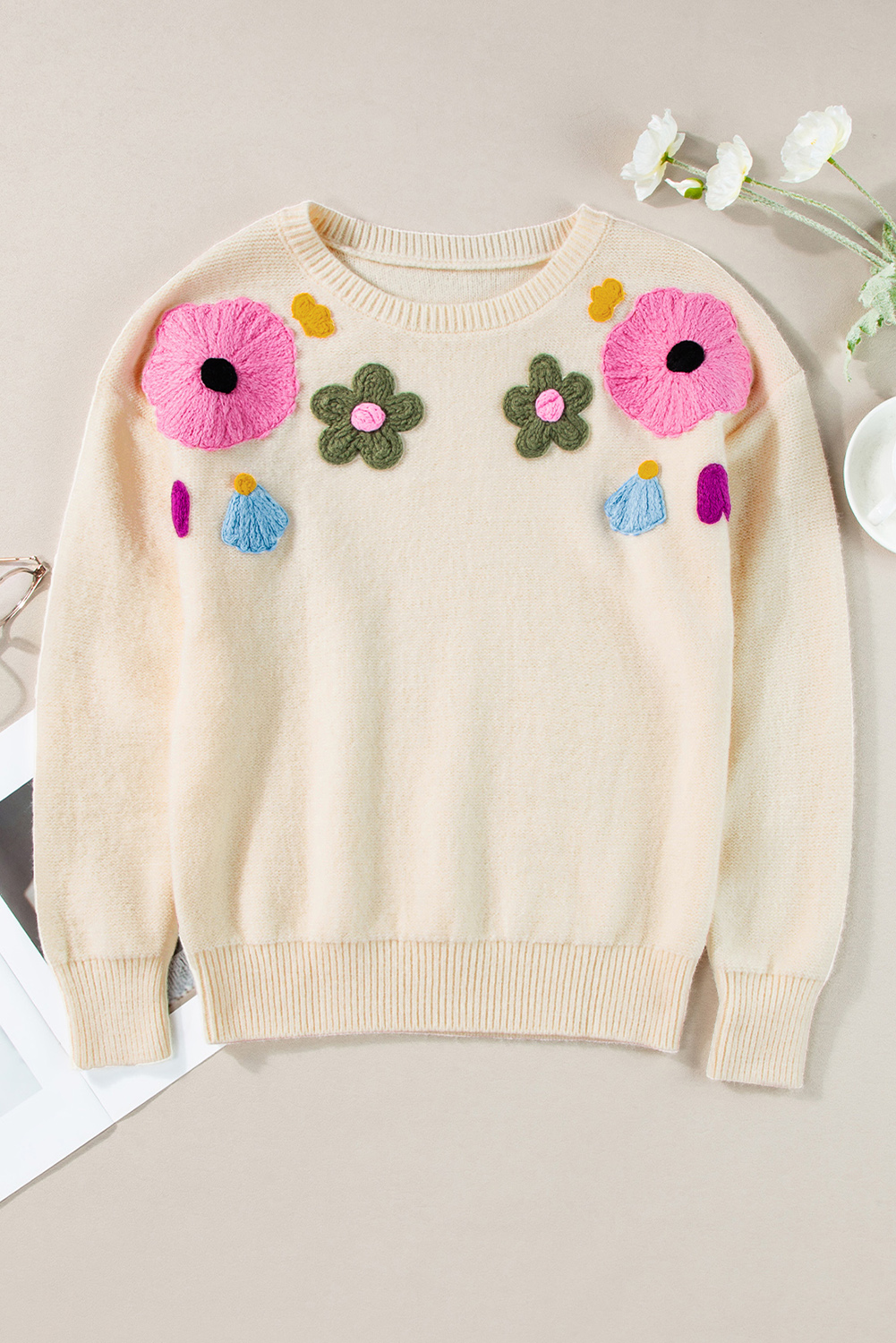 Pink Knitted Flower Pattern Ribbed Edge Sweater - loveforevers