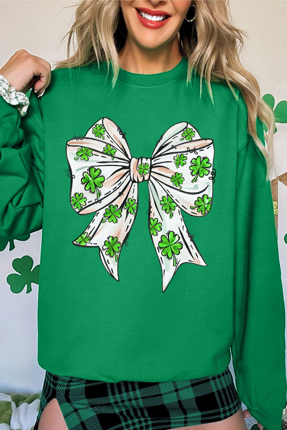 Dark Green St Patricks Clover Bow Printed Drop Shoulder Sweatshirt - loveforevers