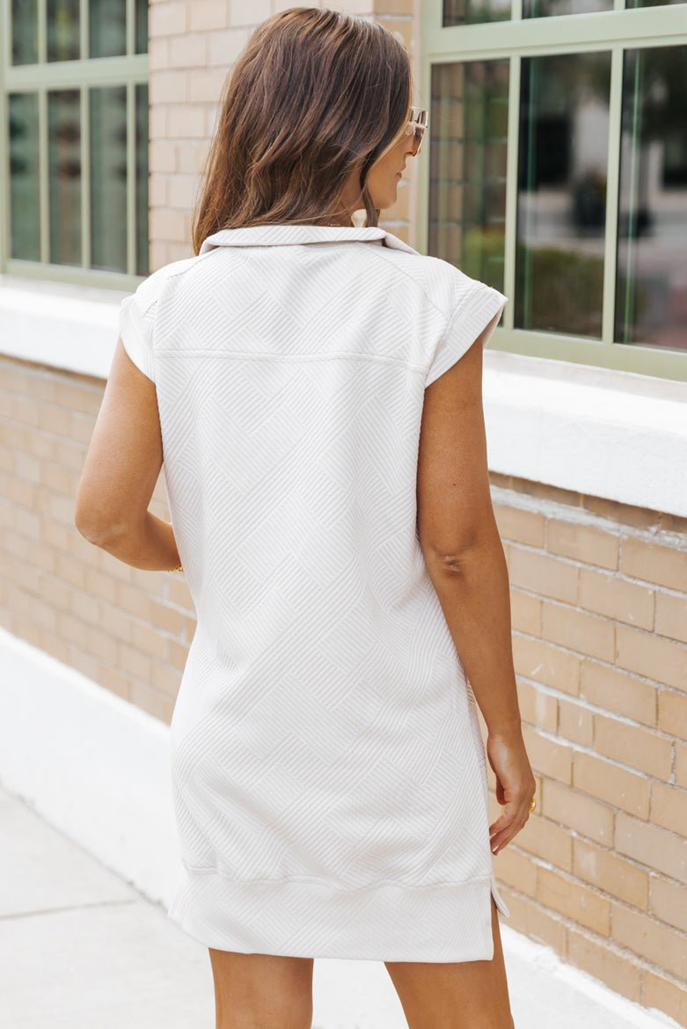 White Textured Half Zip Collared Cap Sleeve Mini Dress - loveforevers