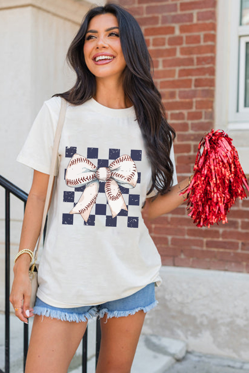 White Checkered Rugby Bowknot Graphic Crew T Shirt - loveforevers