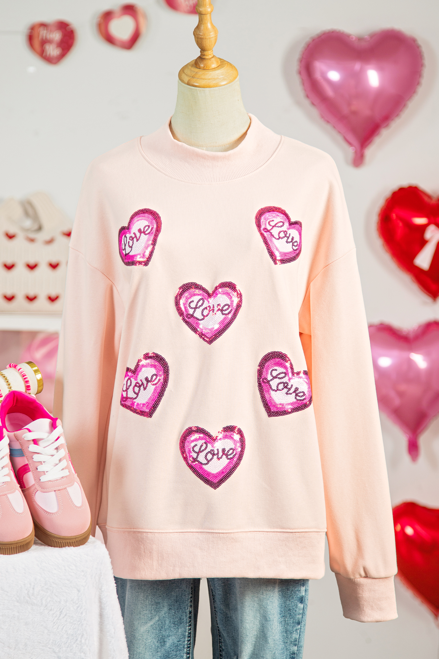 Apricot Pink Sequin Love Heart Patched Mock Neck Sweatshirt - loveforevers