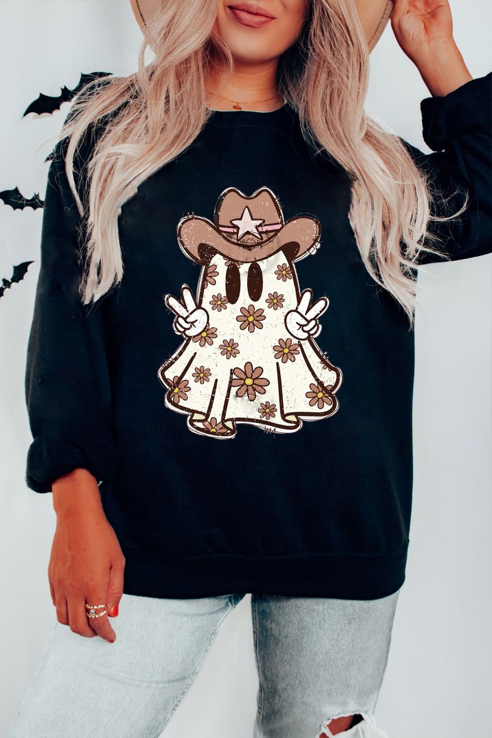 Black Halloween Floral Ghost Print Pullover Graphic Sweatshirt - loveforevers