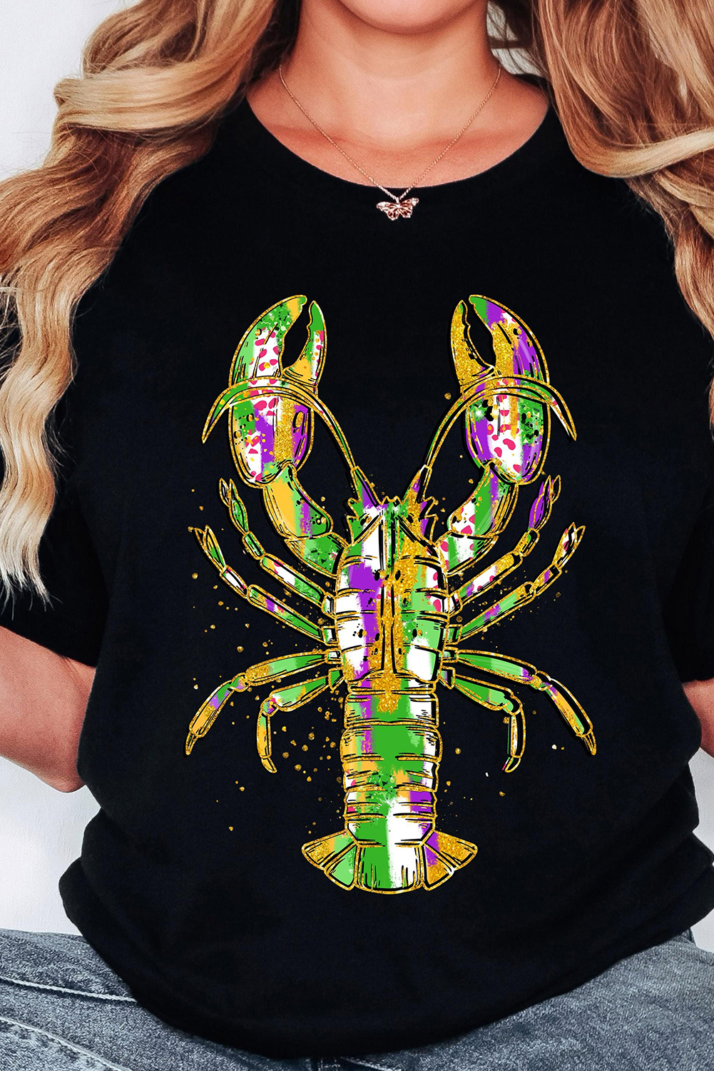 Black Mardi Gras Lobster Heat Transfer Graphic T Shirt - loveforevers
