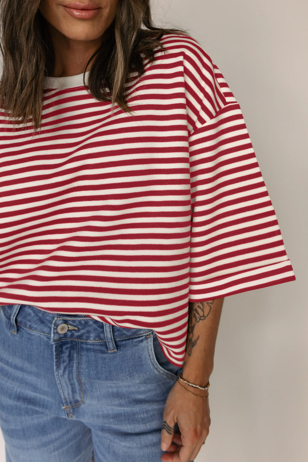 Red Stripe Bowknot Cutout Back Drop Shoulder Wide Bracelet Sleeve Loose Tee - loveforevers
