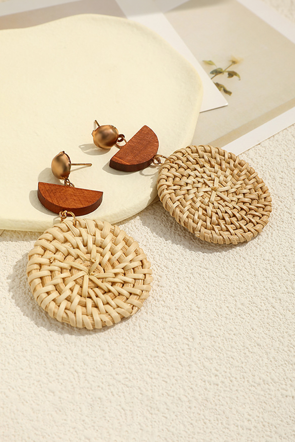 Beige Wooden Woven Disc Dangle Earrings - loveforevers