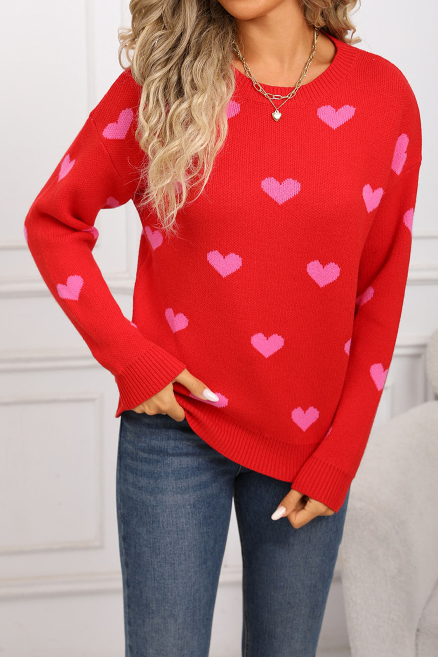 White Classic Round Neck Drop Shoulder Heart Print Sweater - loveforevers