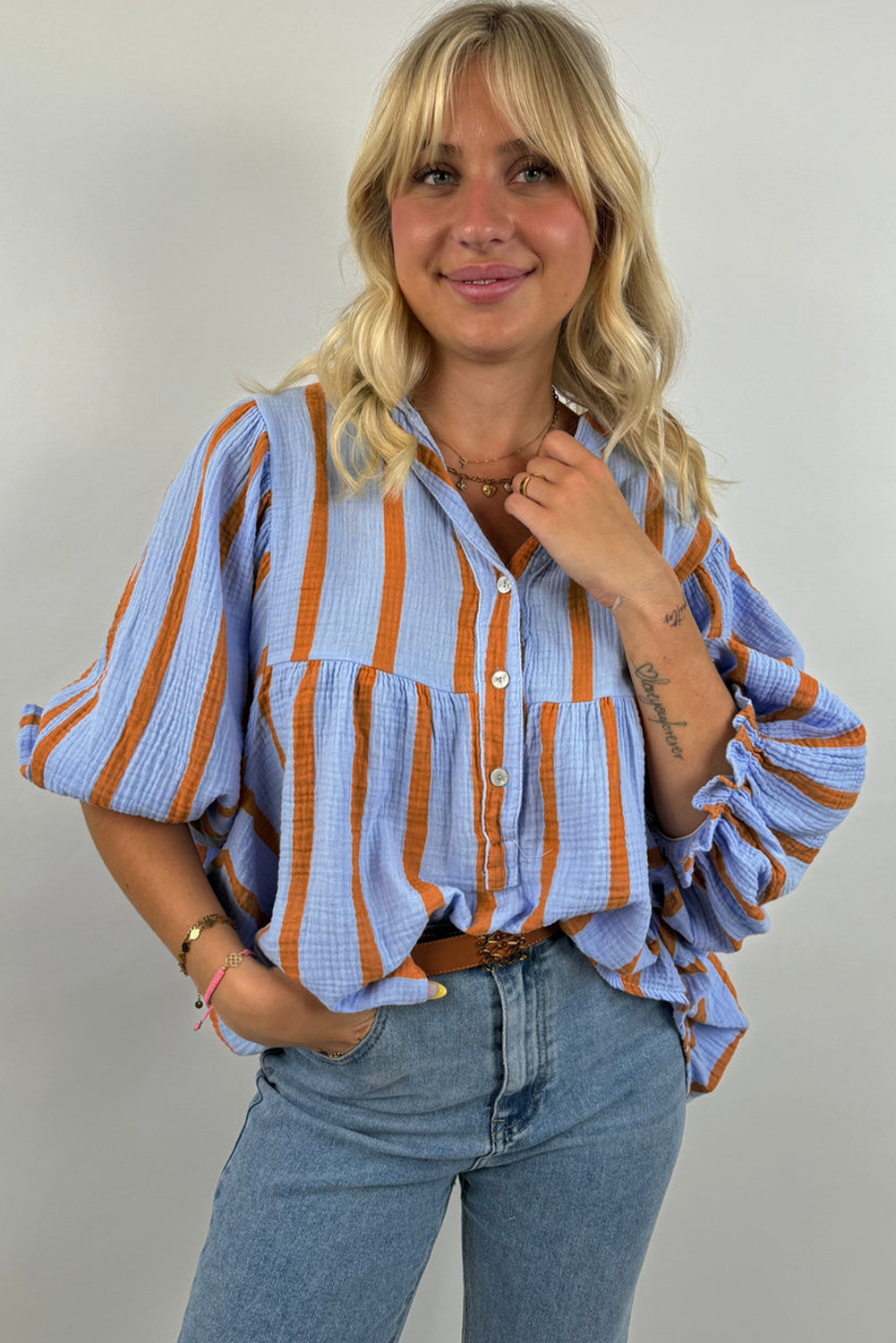 Sky Blue Stripe Crinckled Ruffled Sleeve Button up Loose Shirt - loveforevers