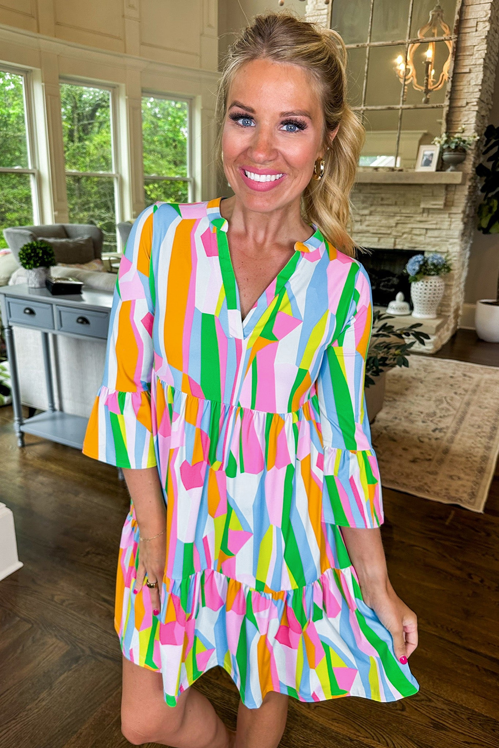Green Abstract Print Ruffled Sleeve V Neck Dress - loveforevers
