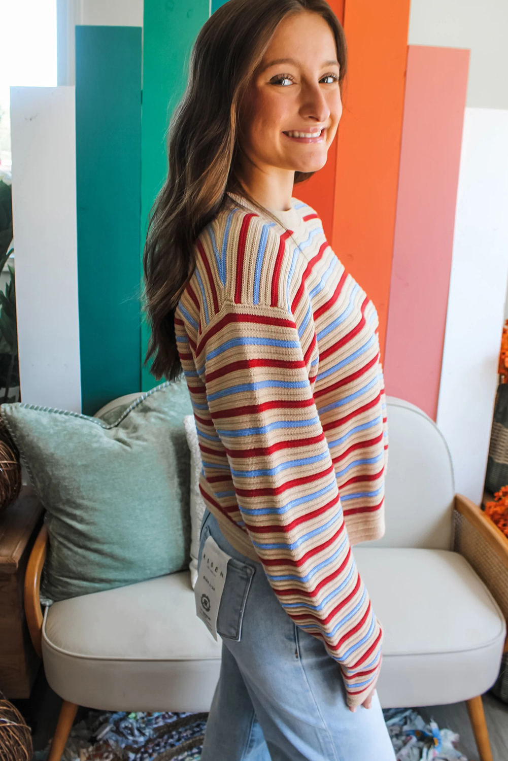 Khaki Stripe Drop Shoulder Cropped Long Sleeve Fall Sweater - loveforevers