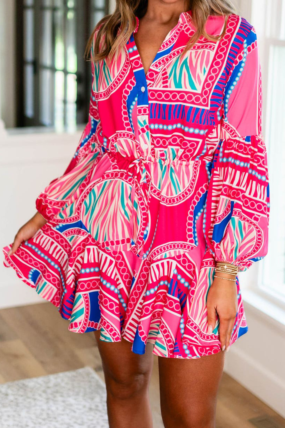 Rose Boho Abstract Printed Puff Sleeve Drawstring Waist Ruffled Mini Dress - loveforevers