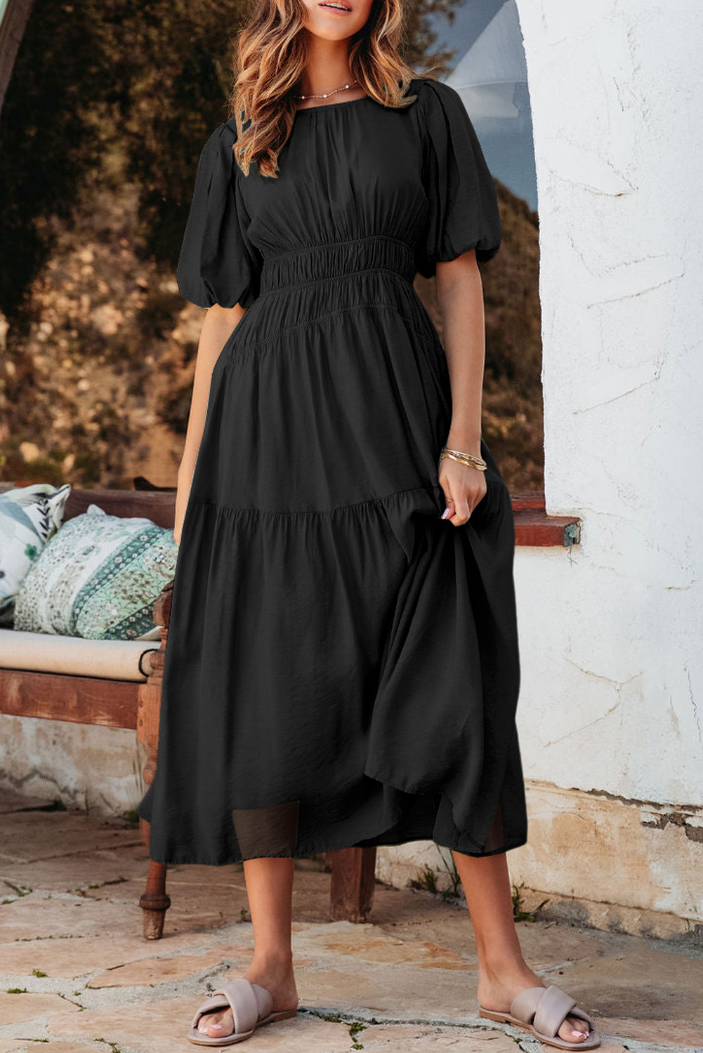 Black Puff Sleeve Pleated High Waist Flowy Midi Dress - loveforevers
