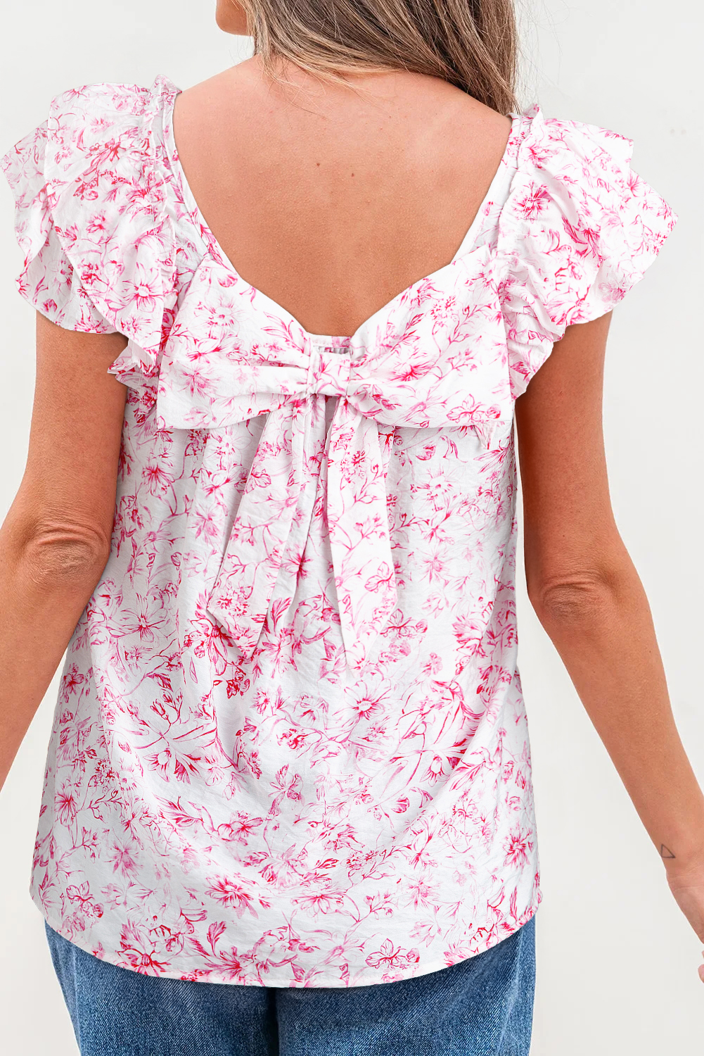 Beau Blue Textured Bow Knot Frilled Butterfly Sleeve Blouse - loveforevers