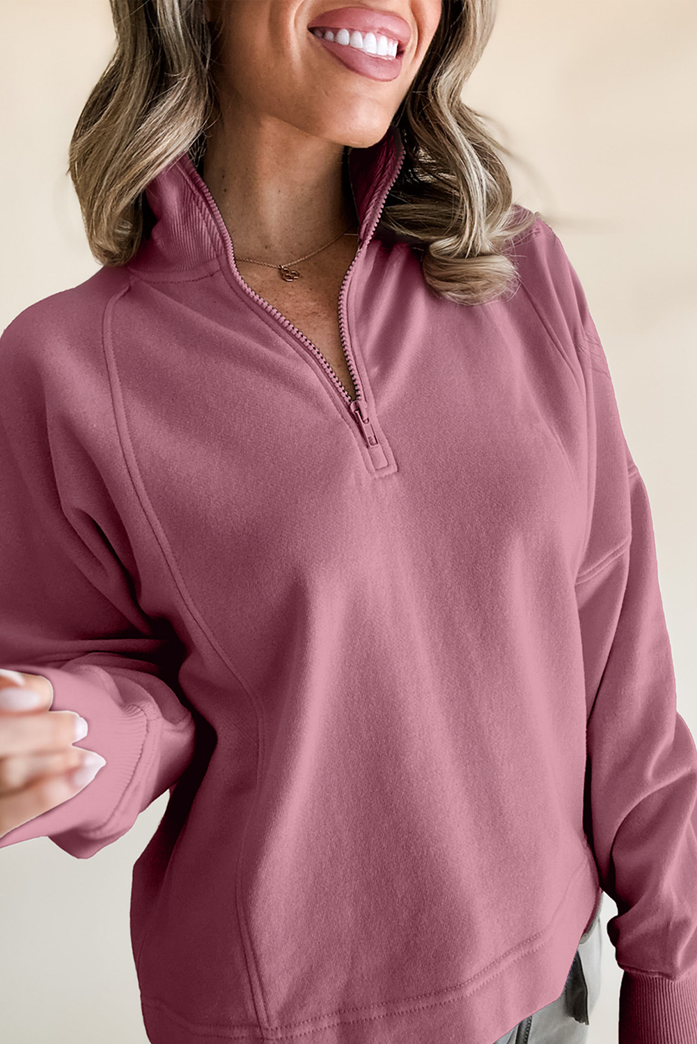 Fushia Zipped Neck Pullover Drop Shoulder Sweatshirt - loveforevers