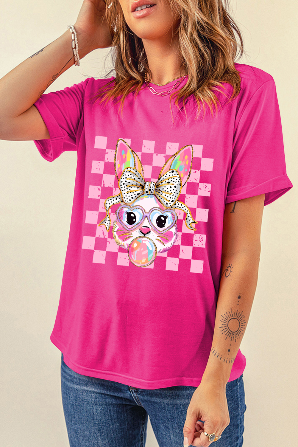 Rose Red Plaid Bubble Gum Rabbit Graphic Easter T Shirt - loveforevers