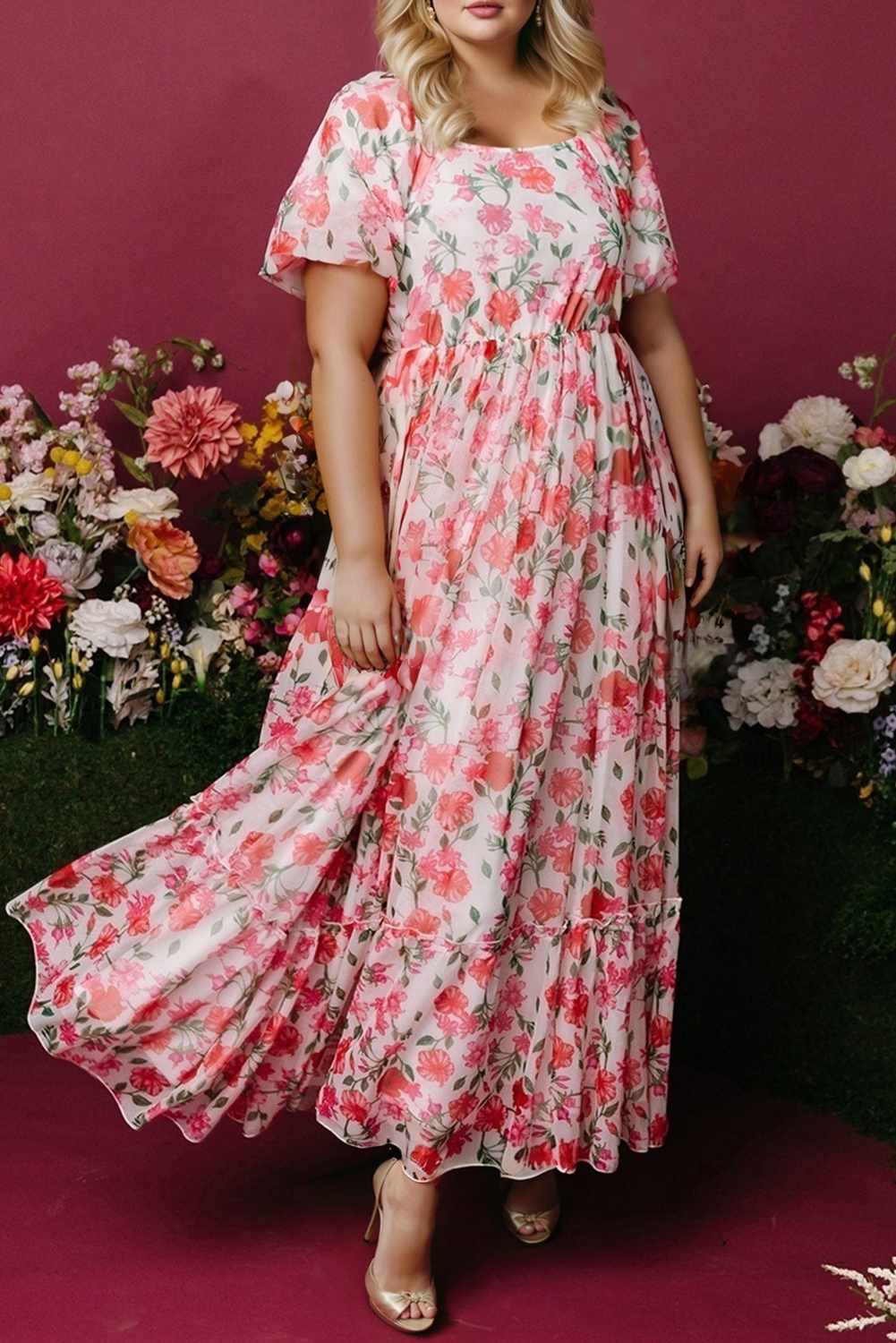 Pink Plus Size Floral Square Neck Puff Sleeve Ruffle Maxi Dress - loveforevers