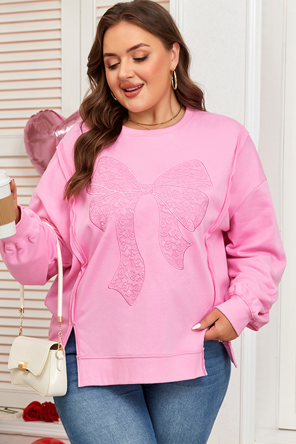 Pink Big Bow Lace Embroidered Dolman Sleeve Slit Plus Size Sweatshirt - loveforevers