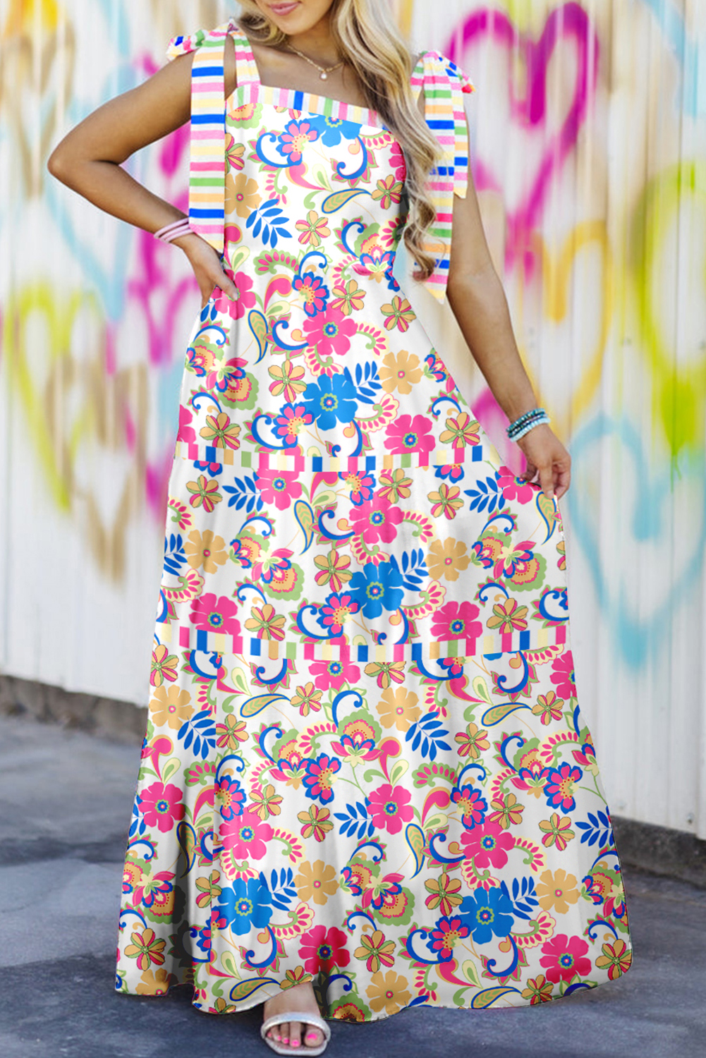 Rose Red Striped Trim Self-tie Straps Floral Maxi Dress - loveforevers