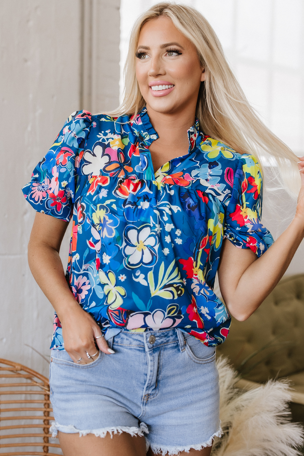 Blue Flower Print Collared V Neck Puff Short Sleeve Loose Blouse - loveforevers