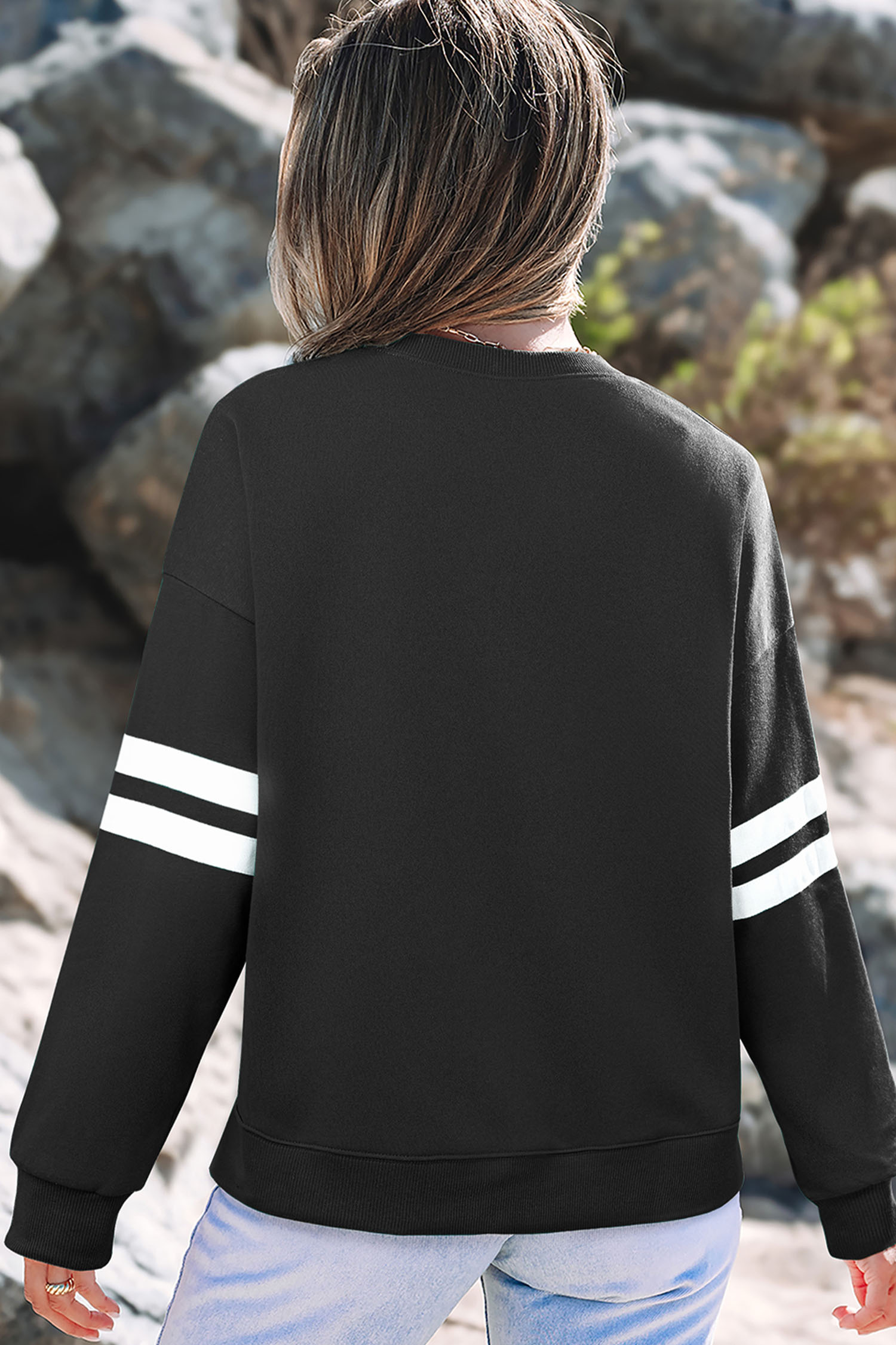 Black Sequin Mardi Crown Dropped Shoulder Varsity Sweatshirt - loveforevers
