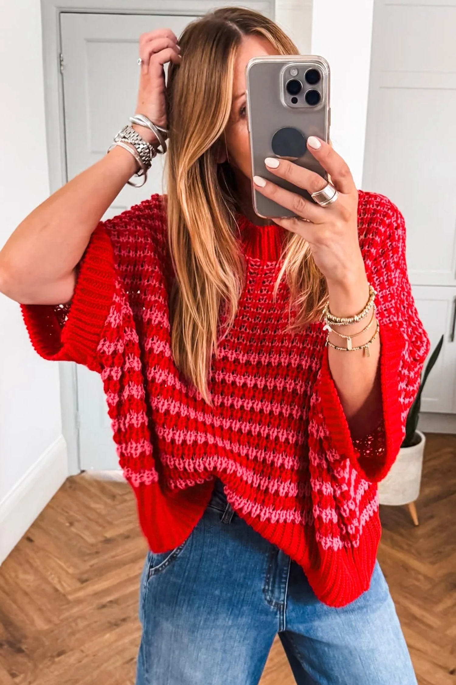 Black Stripe 3/4 Draped Sleeve Slouchy Sweater - loveforevers