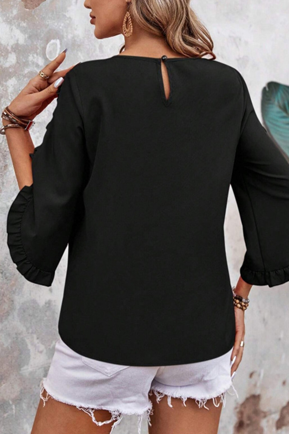 Black Ruffle Trimmed 3/4 Sleeve Round Neck Blouse - loveforevers