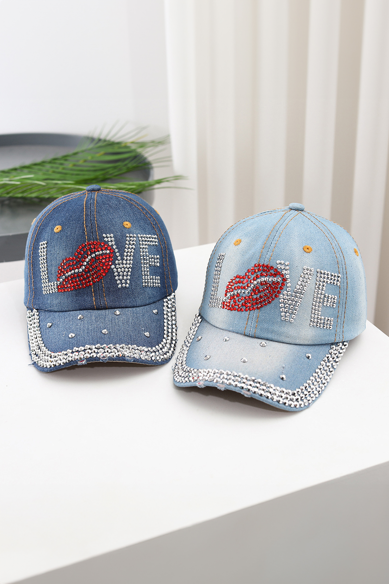 Ashleigh Blue Rhinestone Embellished LOVE Lip Denim Baseball Cap - loveforevers