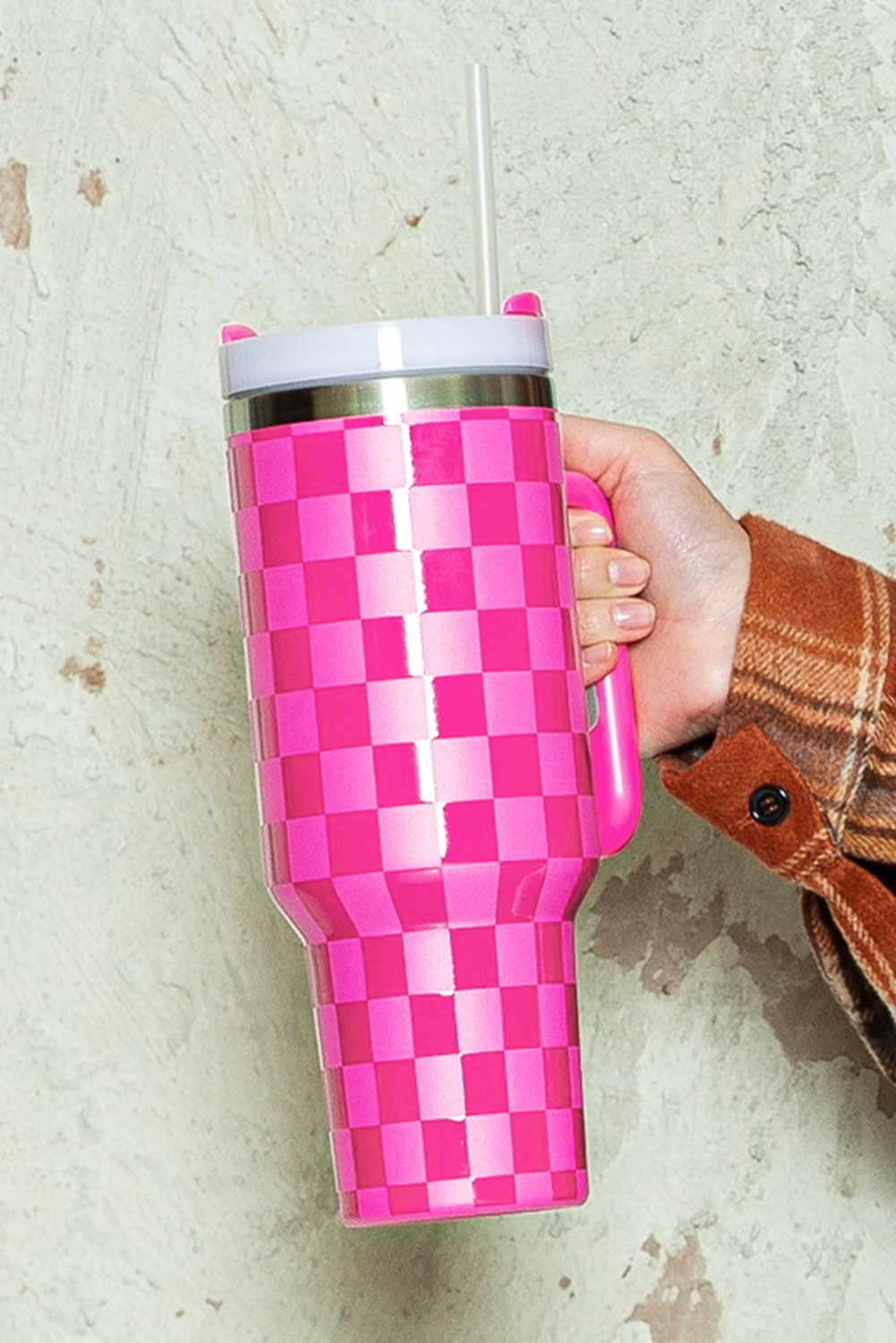 Bright Pink Checkered Print Handled Stainless Steel Tumbler Cup 40oz - loveforevers