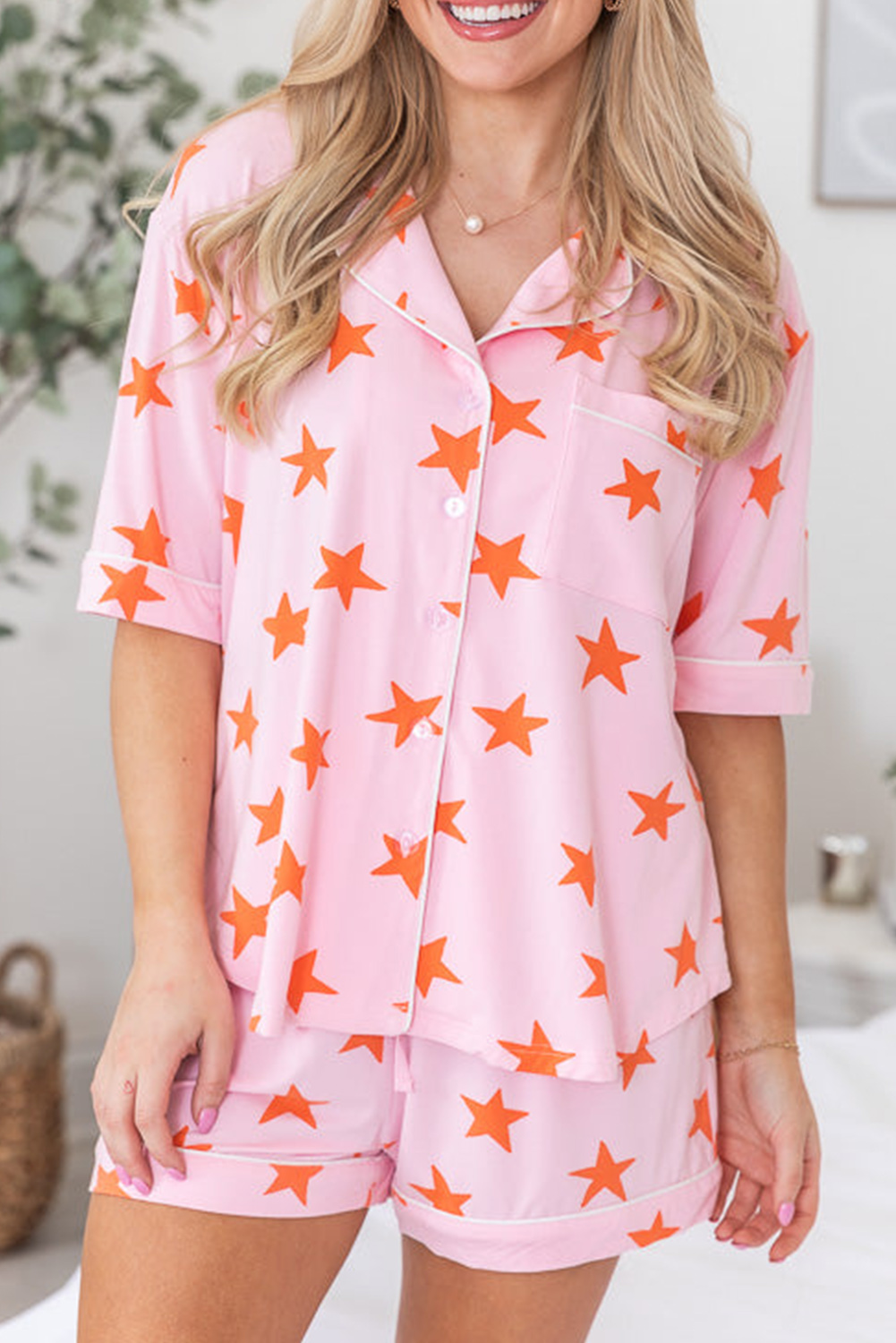 Pink Stars Short Sleeve Shirt and Shorts Bamboo Pajama Set - loveforevers