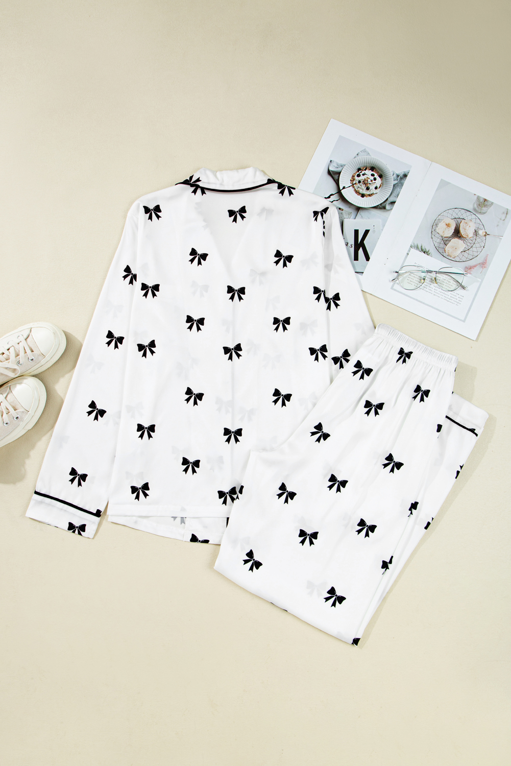 White Bows Print Two Piece Sleepwear - loveforevers
