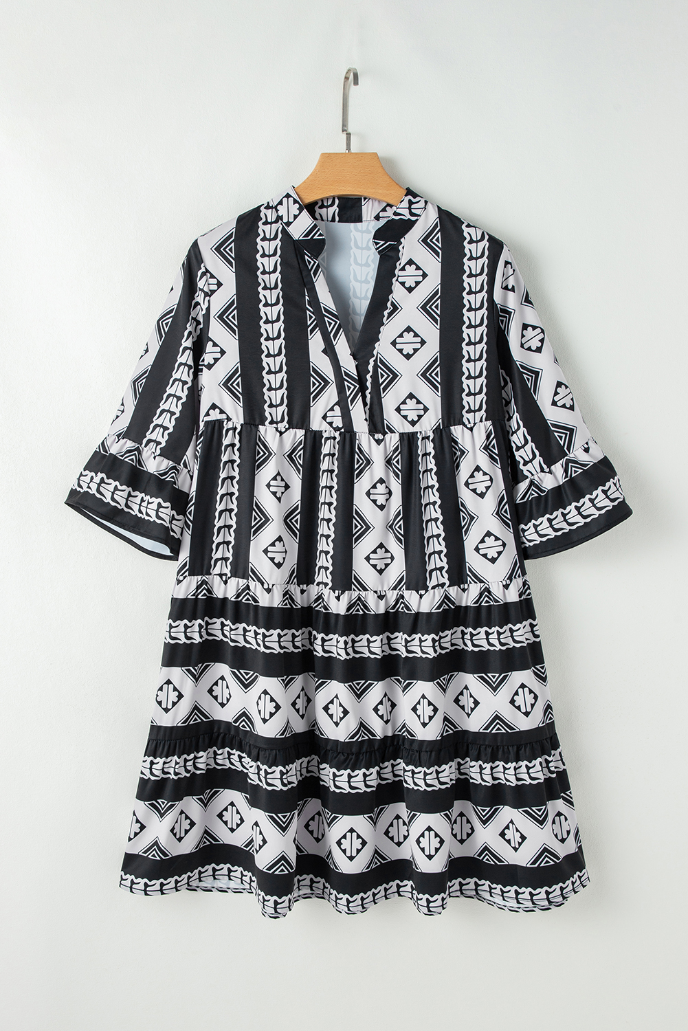 Black Geometric Print V Neck Ruffled Dress - loveforevers