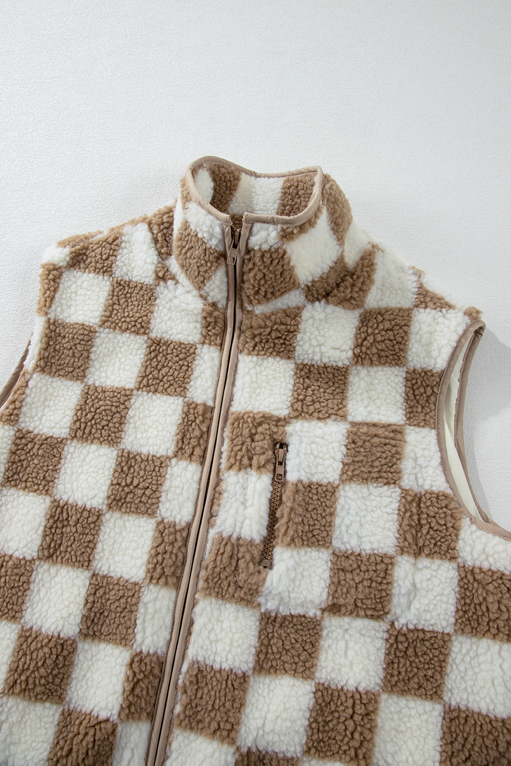 Khaki Checkered Sherpa Collared Jacket Vest - loveforevers
