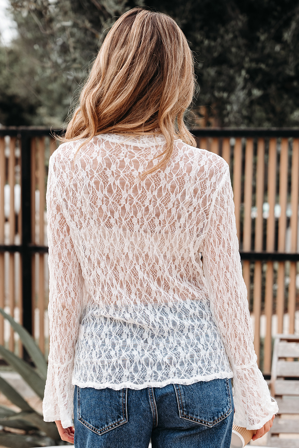 White Sheer Lace Bell Sleeve Mock Neck Blouse - loveforevers